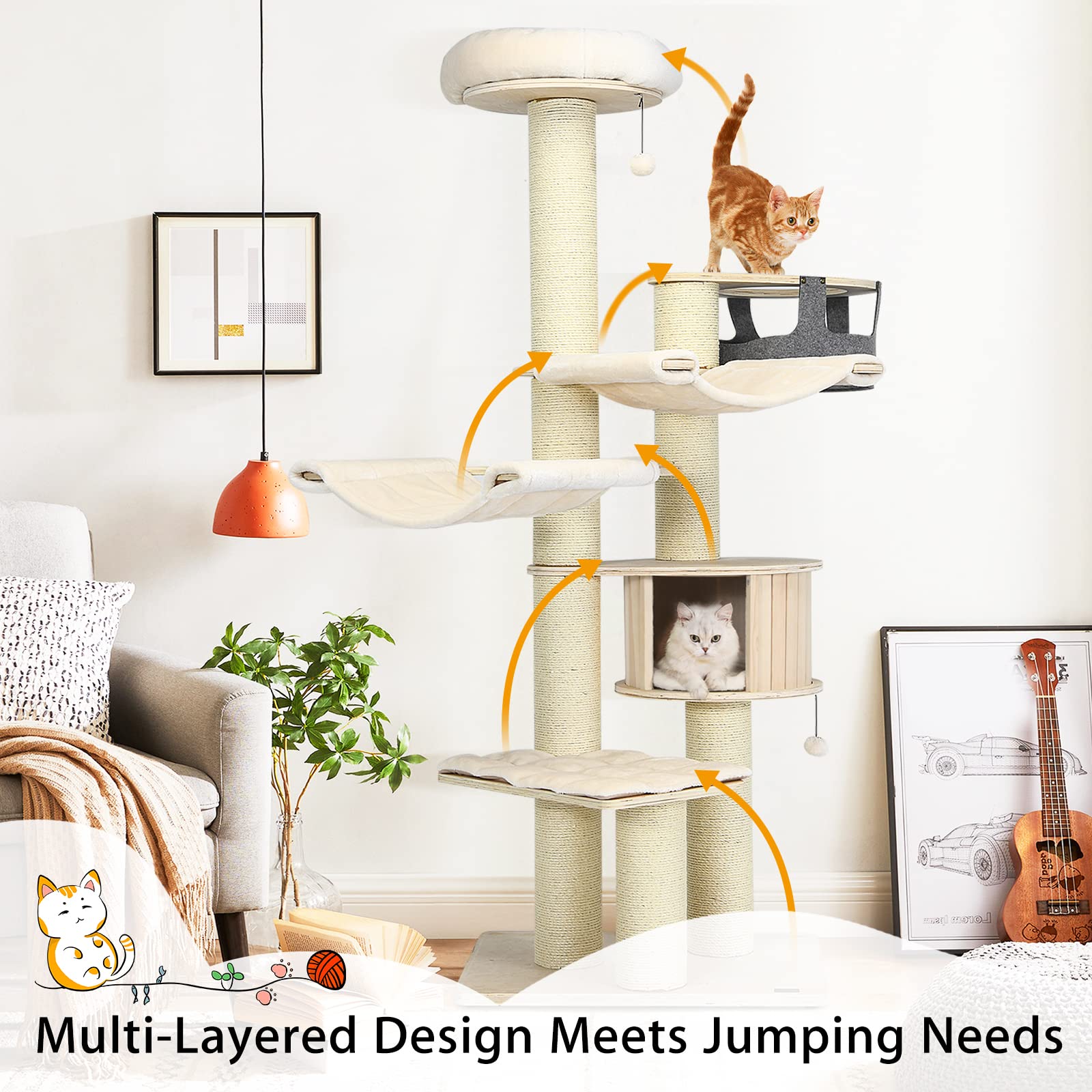 Tangkula Large Cat Tree, Multi-Level Tall Cat Tower With Sisal Scratching Posts, Hammocks, Hanging Basket, Cat Condo And Removab